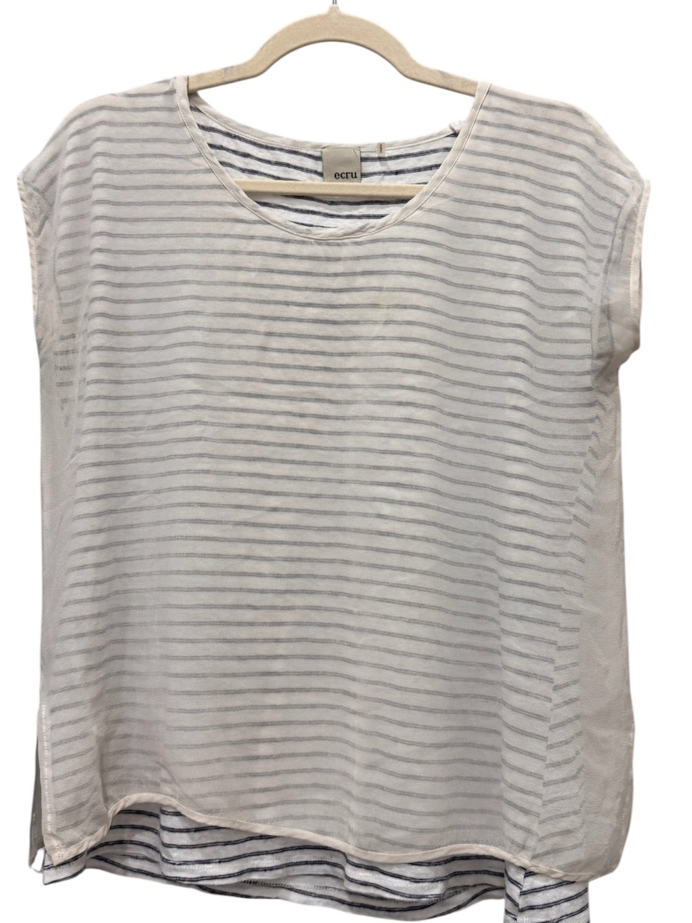 Ecru 100% Linen Striped Cap Sleeve Boxy White Blue Top Sz M